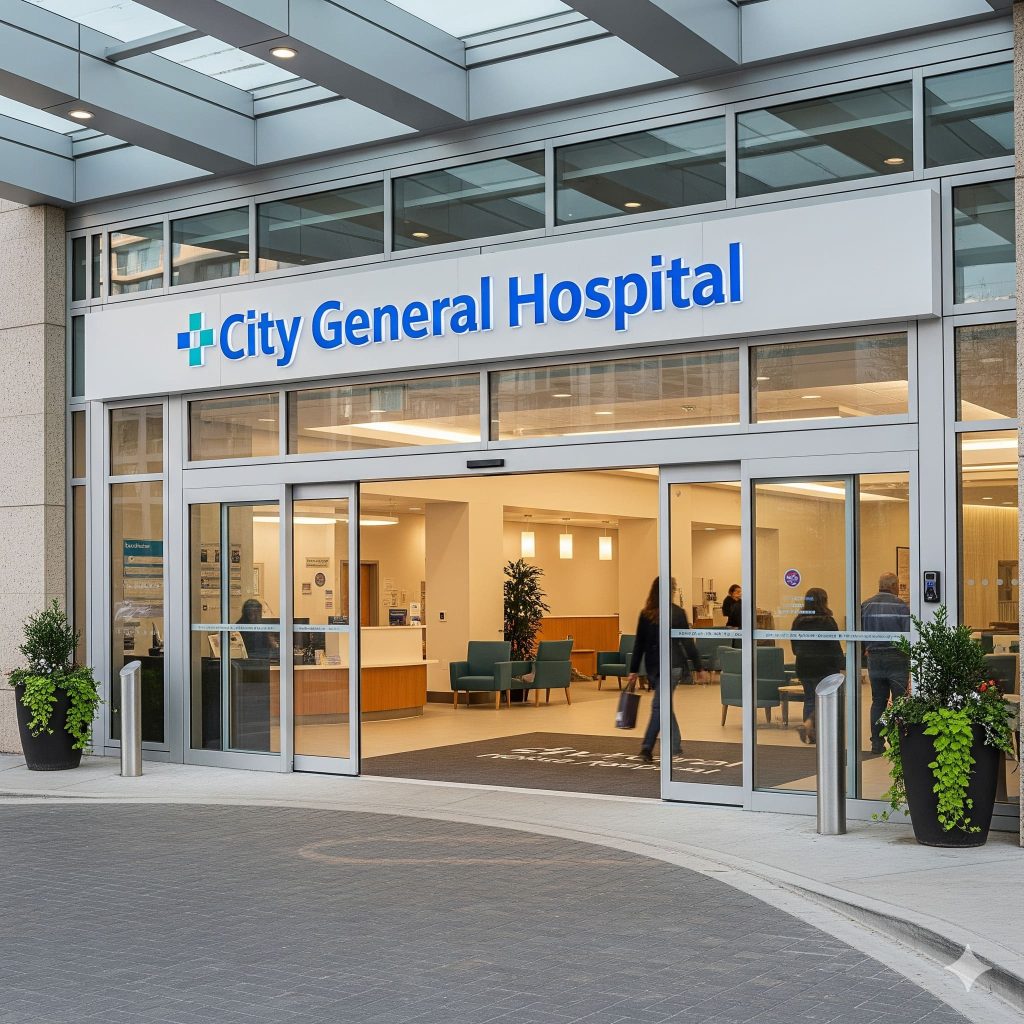 Entrada de un hospital protegido por la contratación de un seguro de responsabilidad civil para médicos