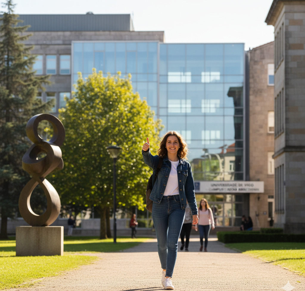 Estudiante internacional en España camina contenta por un campus universitario tras haber conseguido un buen precio en el seguro de salud para el visado