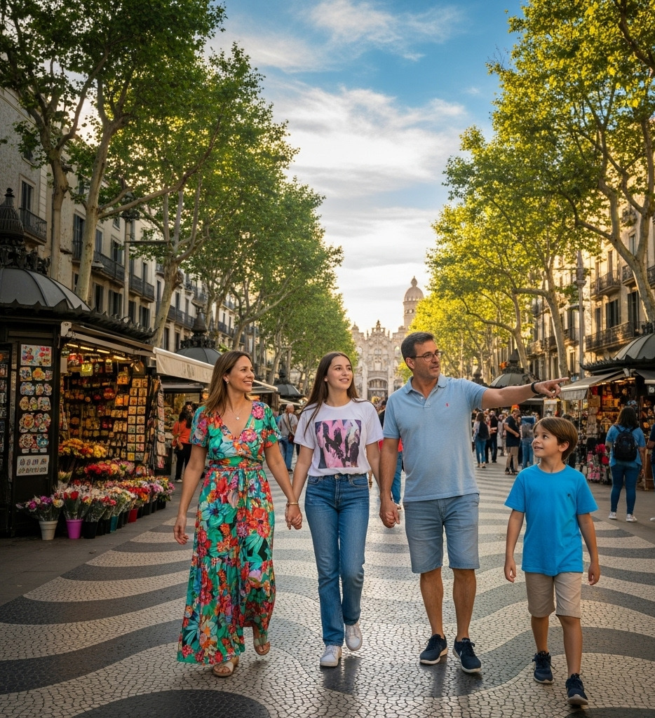 Familia extranjera paseando por Barcelona. Felices tras contratar la tranquilidad de un seguro de decesos con repatriación