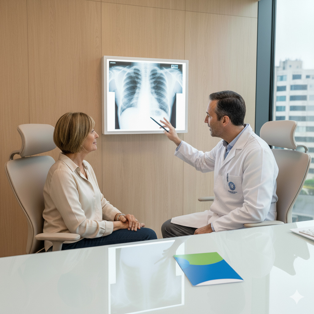 Una paciente en una consulta de una clínica incluida en su seguro sin copagos ni carencias escucha al doctor mientras revisan una radiografía