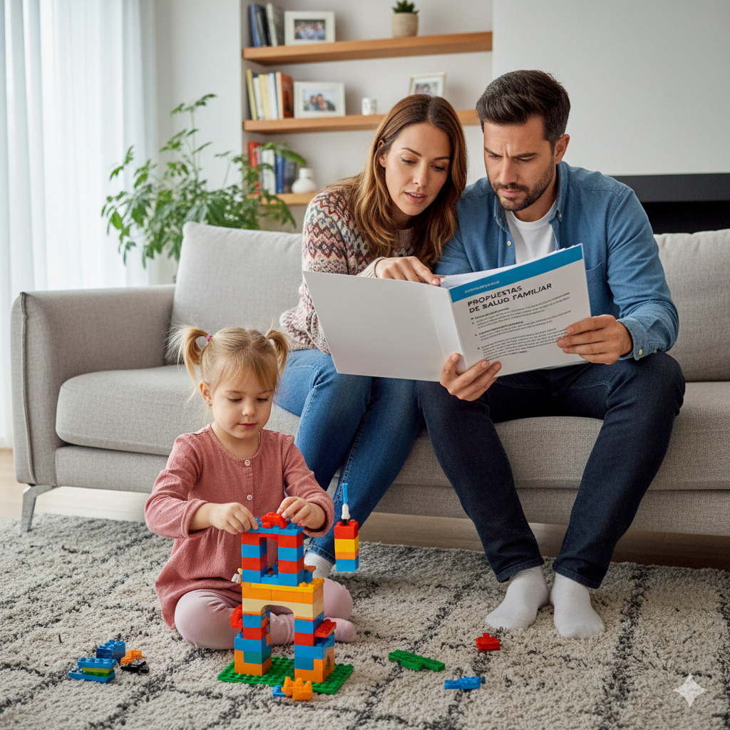 Una pareja está comparando entre varias ofertas de seguros médicos familiares mientras su hija juega entretenida