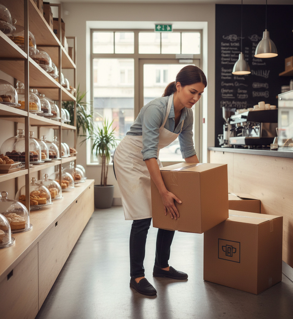 Una profesional autónoma se lesiona intentando levantar una caja en el pasillo de su pastelería. Puede que tenga que recurrir a su seguro de incapacidad temporal