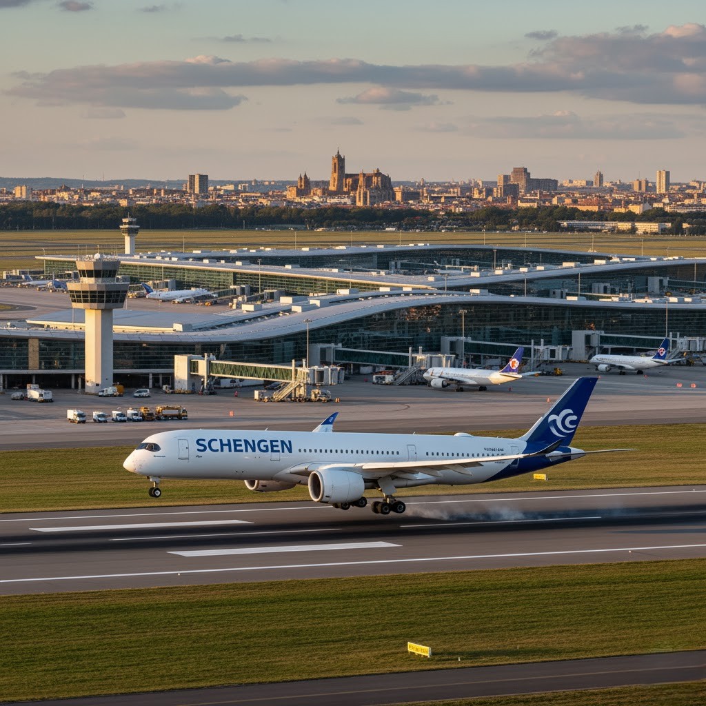 Avión aterrizando en un país del espacio Schengen. Sus pasajeros habrían contratado un seguro de viaje Schengen para estar protegidos durante su estancia