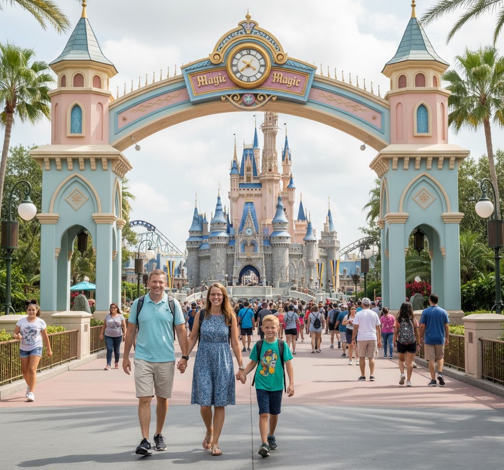 Una familia en un parque de atracciones camina feliz porque está protegida por un seguro de viaje mundial