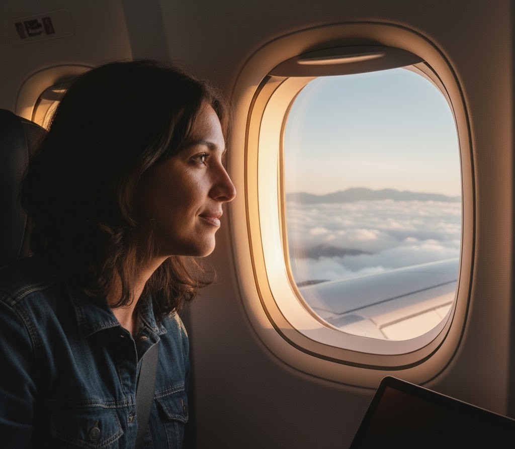 Una mujer viaja hacia España en avión protegida por un seguro médico para extranjeros residentes